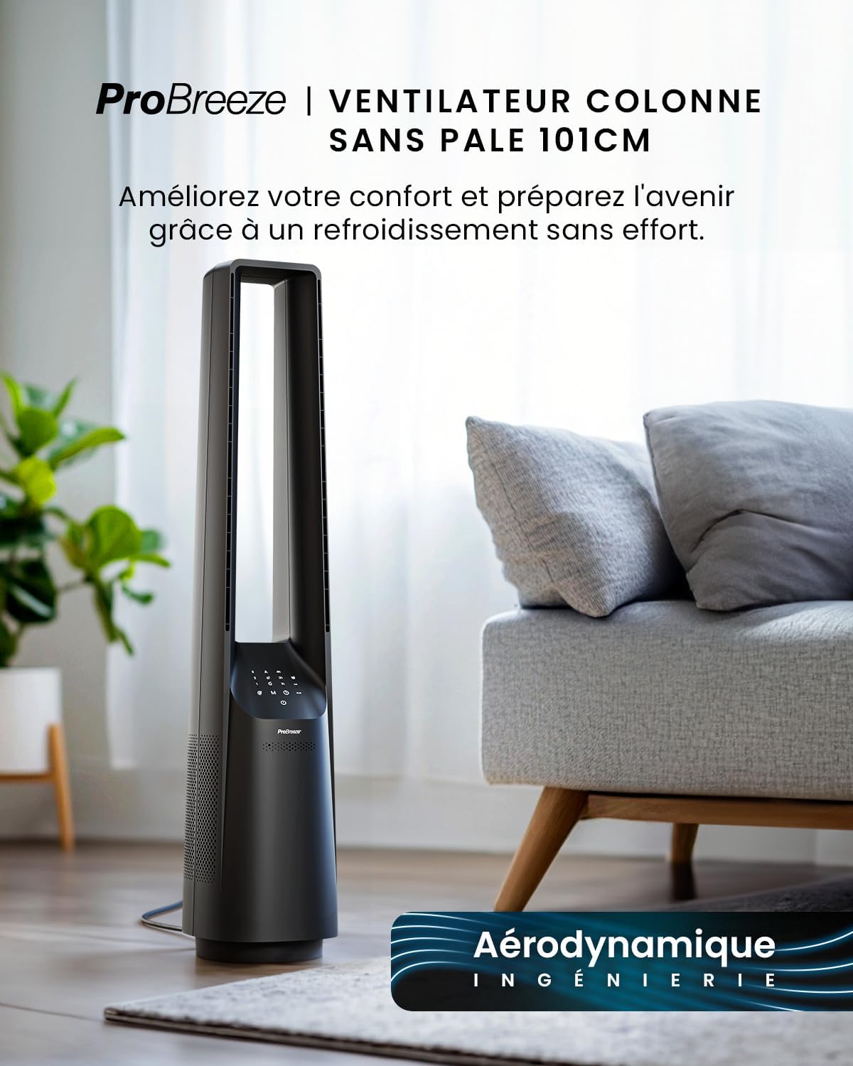 etevert Ventilateur Colonne Sans Pale - Ventilateur Tour Silencieux, Hauteur 101 cm avec 6 Vitesses, Oscillation 60°, Ventilateur Sans Lame Rafraichisseur d'Air Bladeless Noir