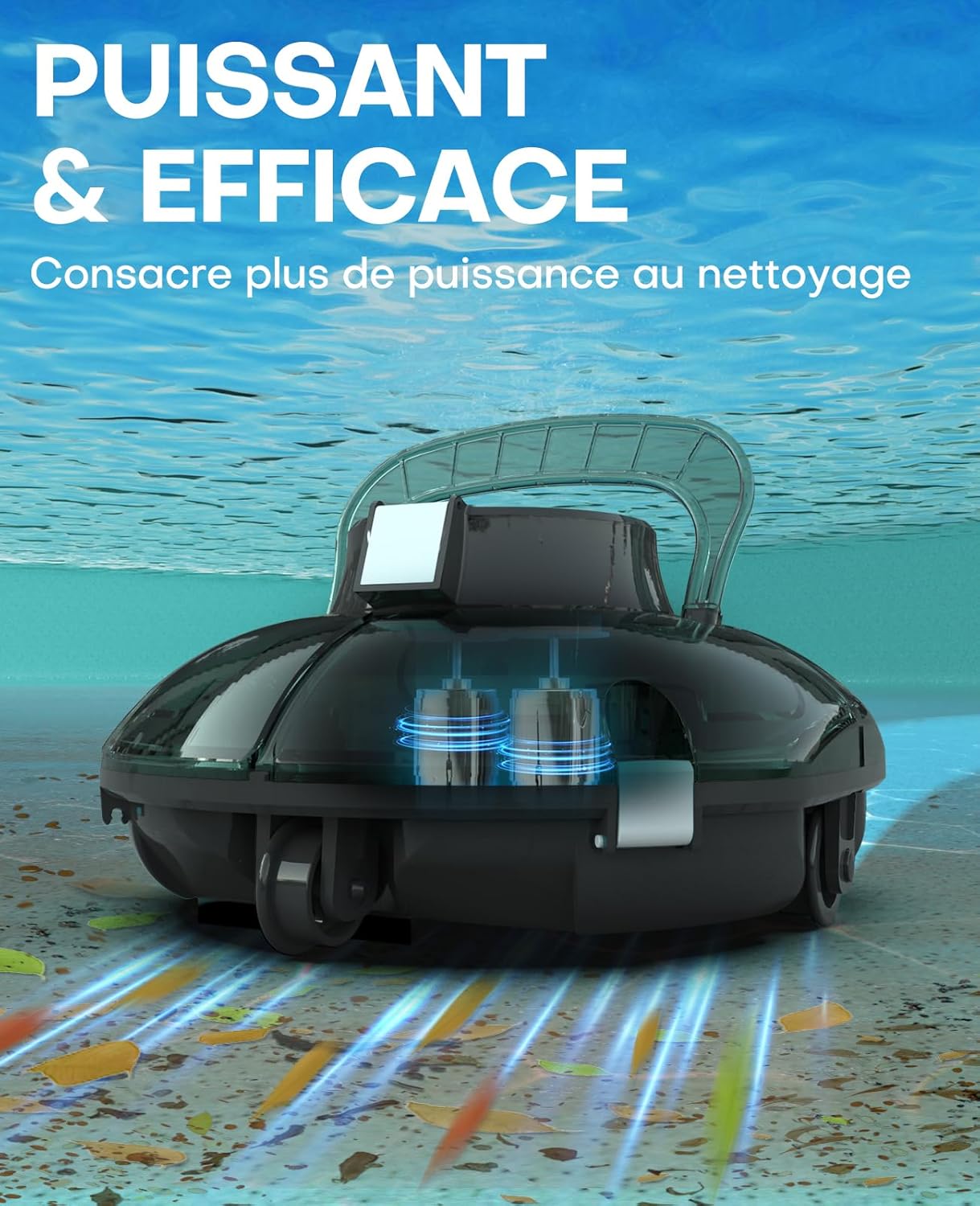 etevert Winny 200 Robot Piscine, Aspirateur Piscine Sans Fil Avec Batterie, Autonomie 75 Min pour Piscines Hors-Sol 60m², Double Filtration,Stationnement Automatique(Transparent Vert Blanc)