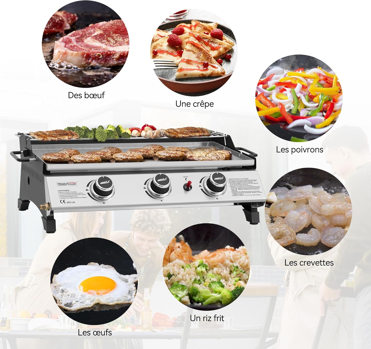 etevert - Plancha gaz inox 3 brûleurs 61,5x32cm, 7,5kW, usage extérieur