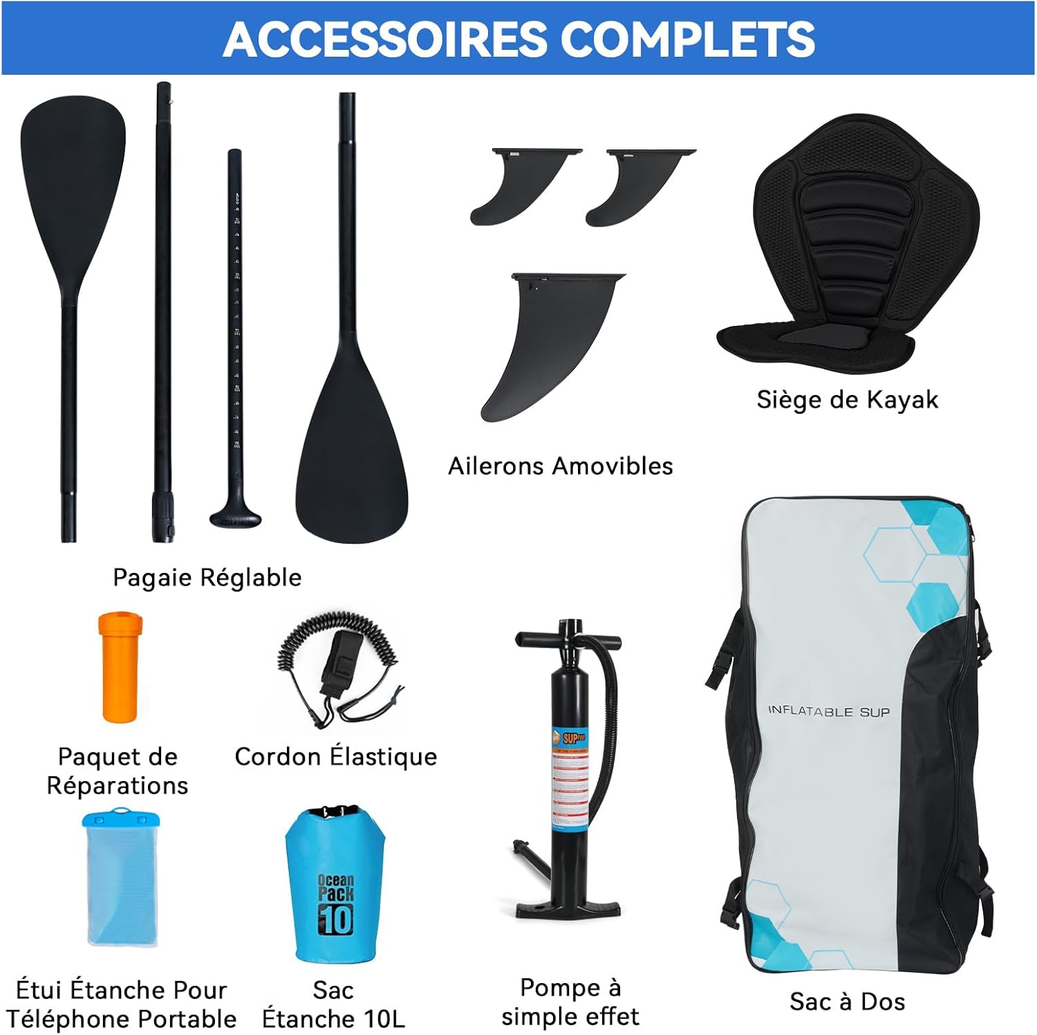 etevert - Paddle gonflable 320/335cm - 2 personnes, siège kayak, jusqu'à 150kg