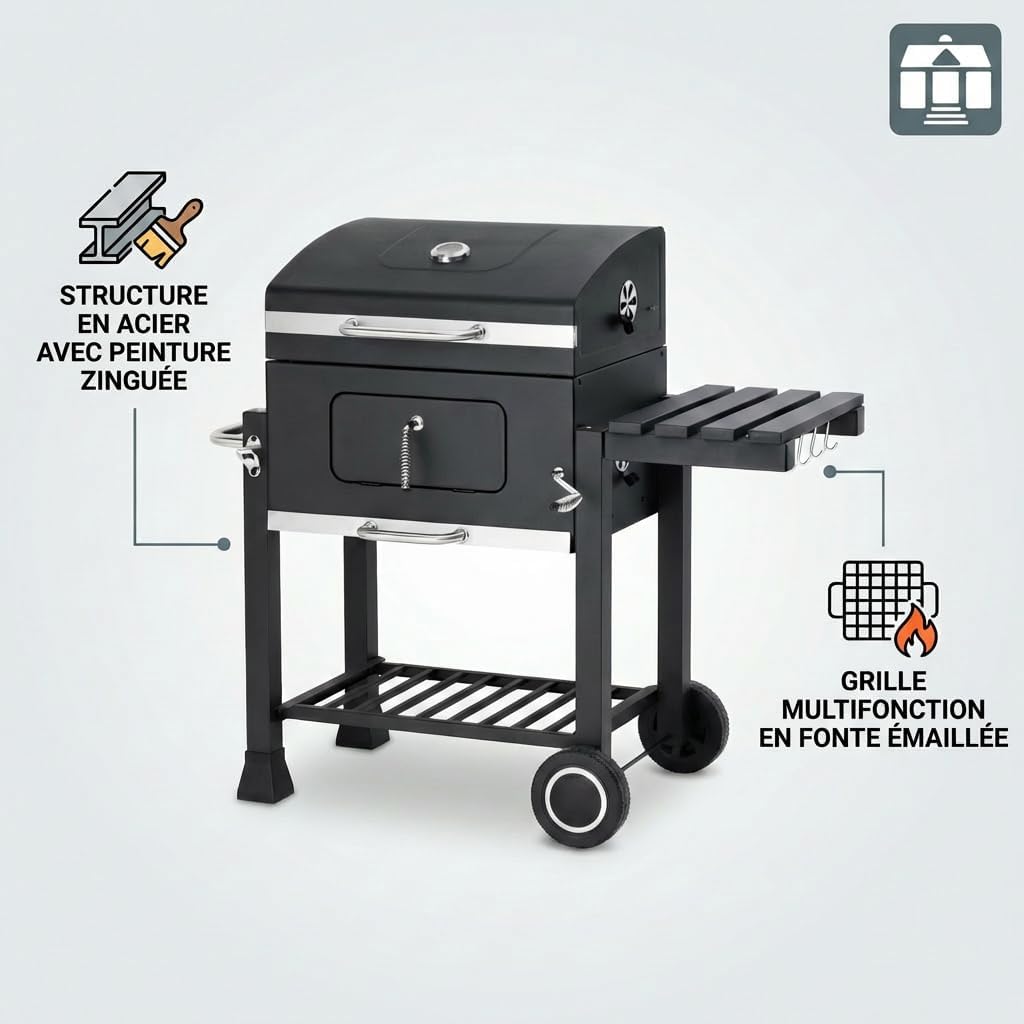 etevert - Memphis - acier, grille, tablette pliable, roulettes, thermomètre, bac à cendres