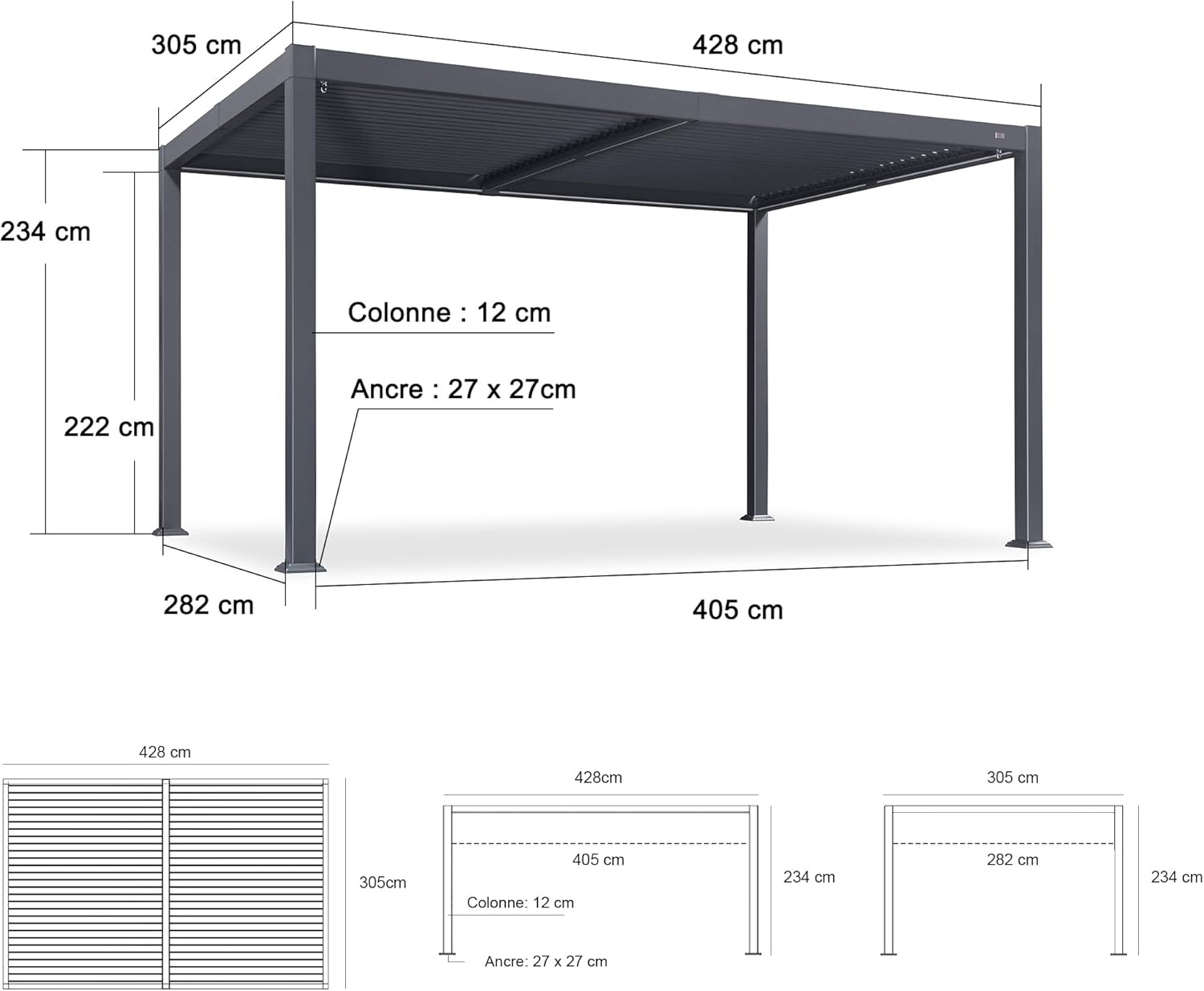 etevert - Pergola aluminium bioclimatique - 3 x 4,25 m - Lames orientables, LED, étanche
