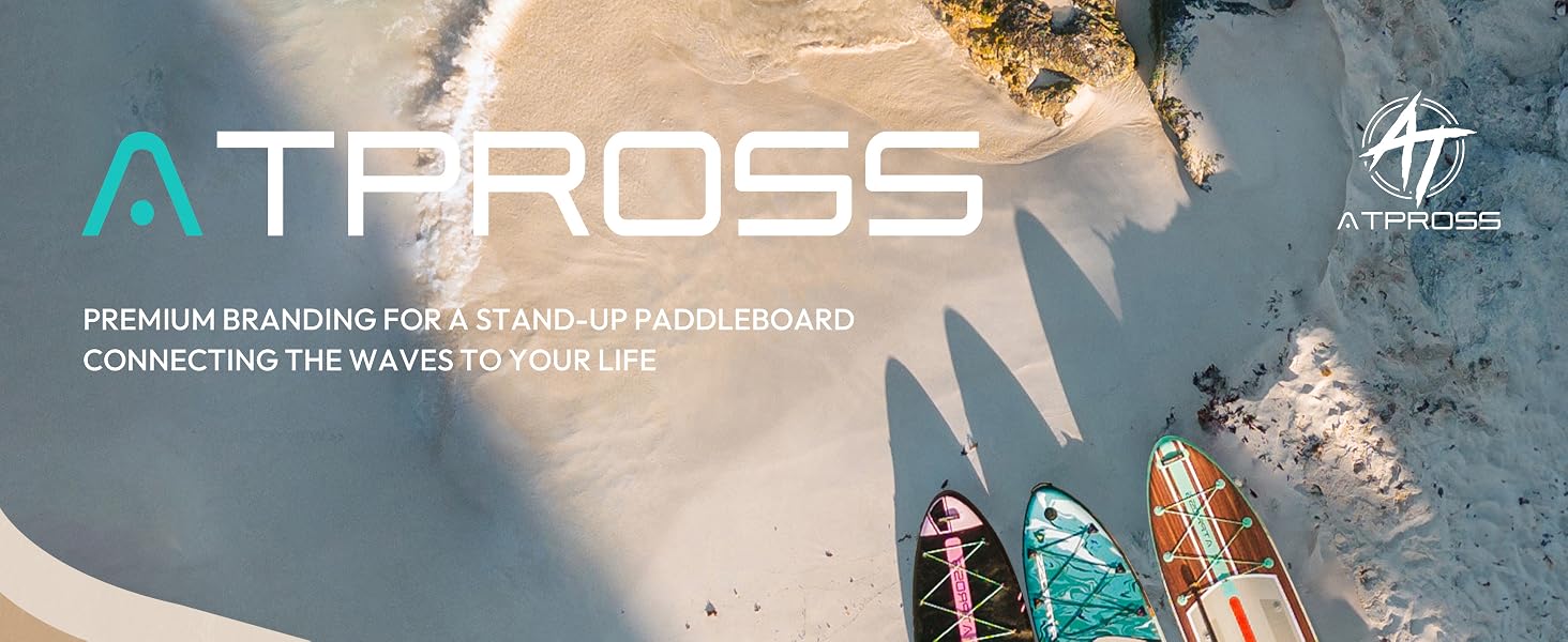 Vue aérienne d'une plage avec trois planches à pagaie colorées. Le texte superposé se lit comme suit : « etevert : une marque haut de gamme pour un stand up paddleboard, qui connecte