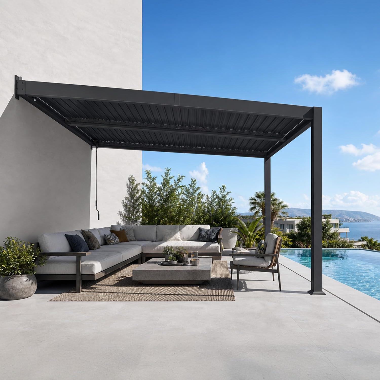 etevert - pergola bioclimatique adossée - 2,5x3,65m - aluminium, lames orientables, imperméable, gain de place