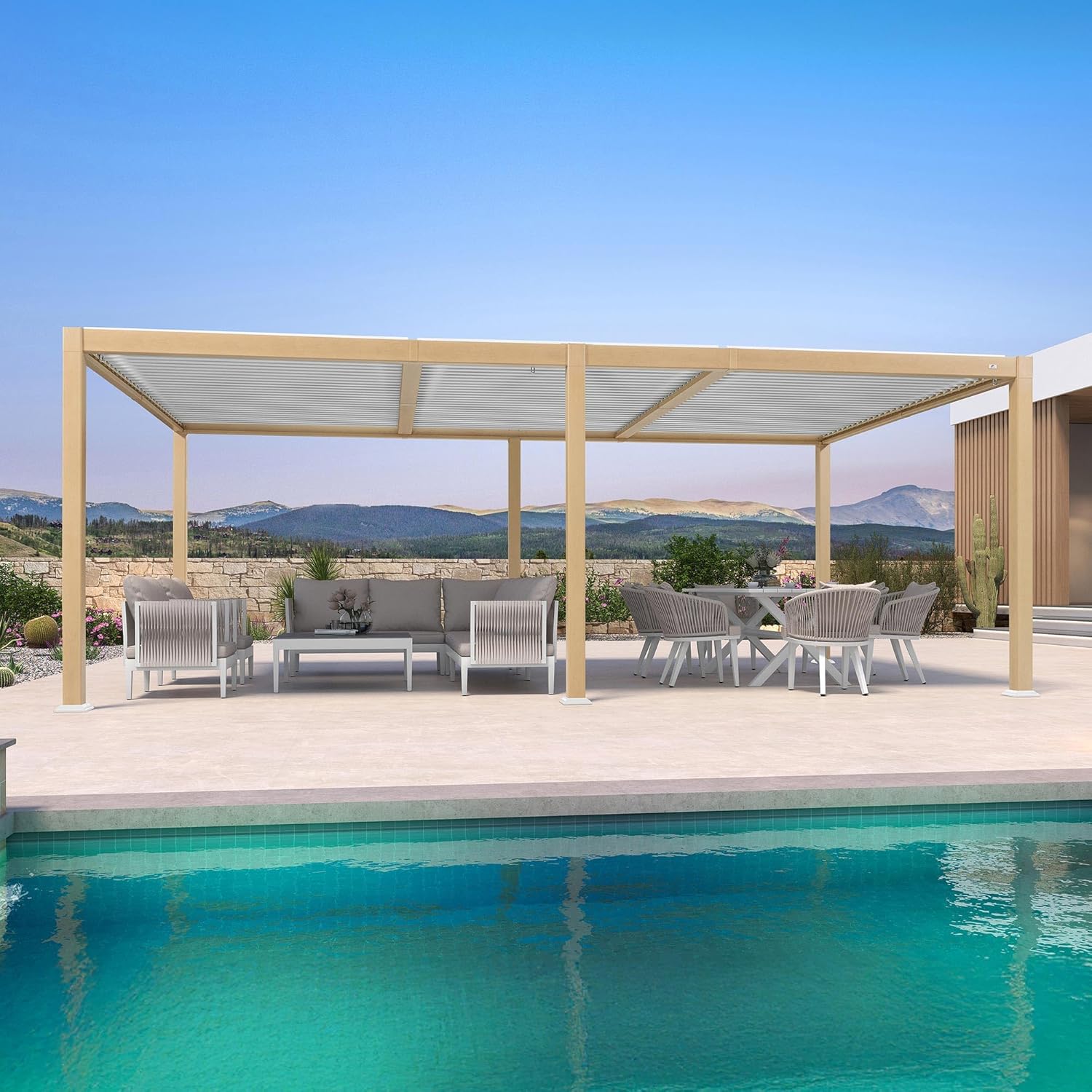 etevert - Pergola Bioclimatique bois effet alu - 3,5x6,35m - lames orientables, imperméable, extérieur