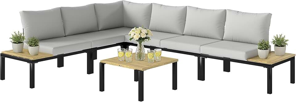etevert - ensemble salon jardin modulable 6 pièces - convertible en lit, table basse intégrée, gris anthracite