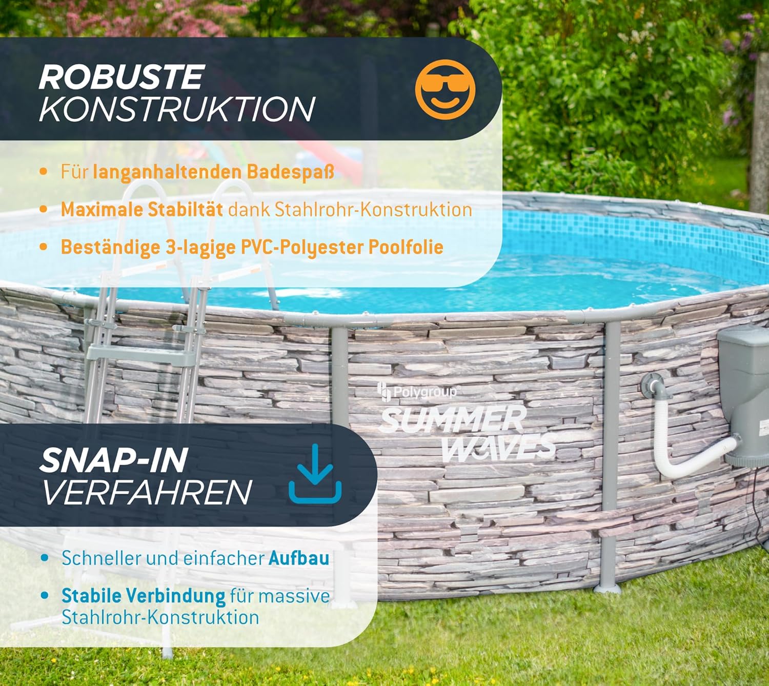 etevert - Frame Pool Kit rond - 427x107 cm - aspect pierre grise, pompe à filtre