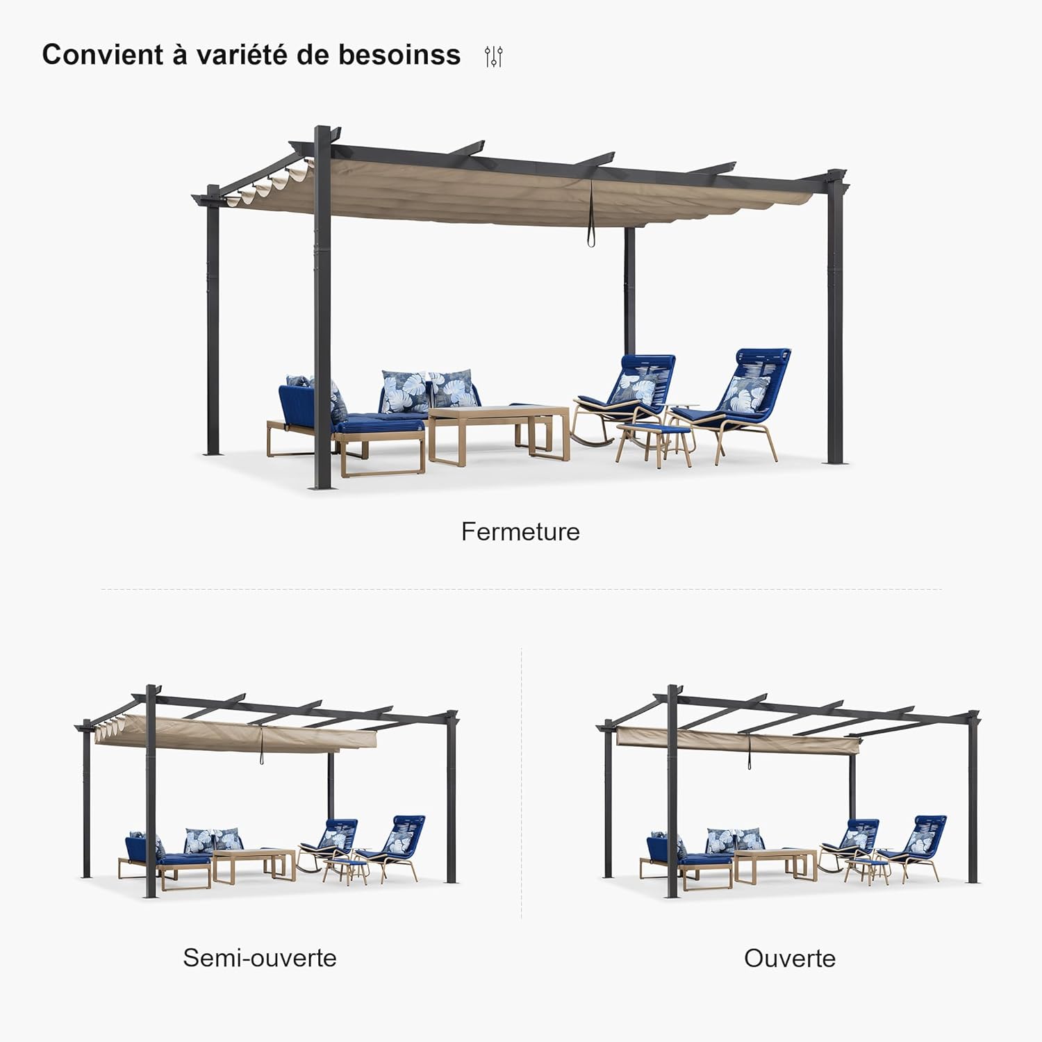 etevert - pergola aluminium série LED - 4,8x3,5 m - toit rétractable, structure résistante, kaki