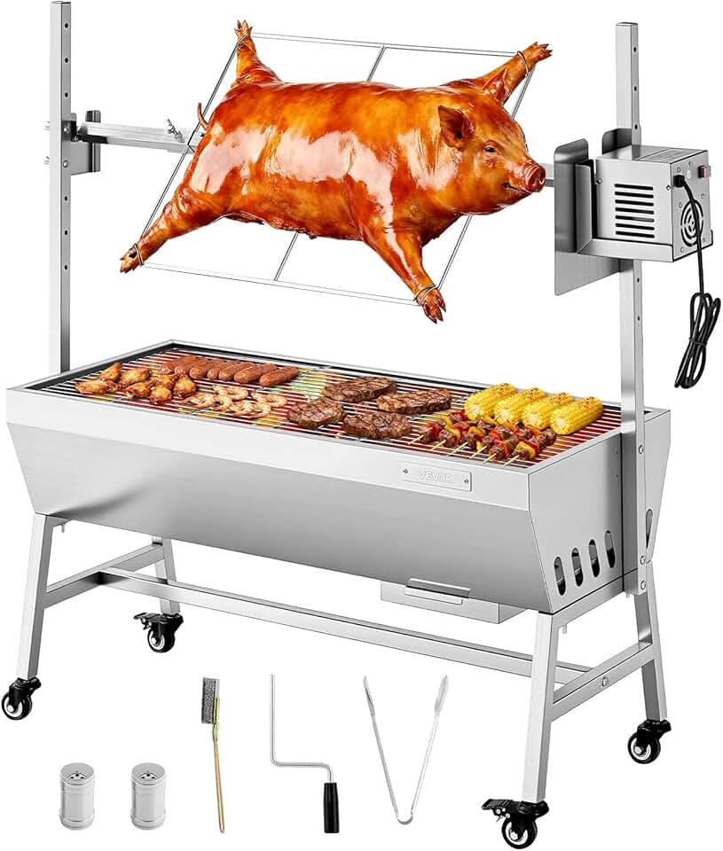 etevert - Barbecue à charbon avec tournebroche, 7 hauteurs, 60kg, 38W, inox