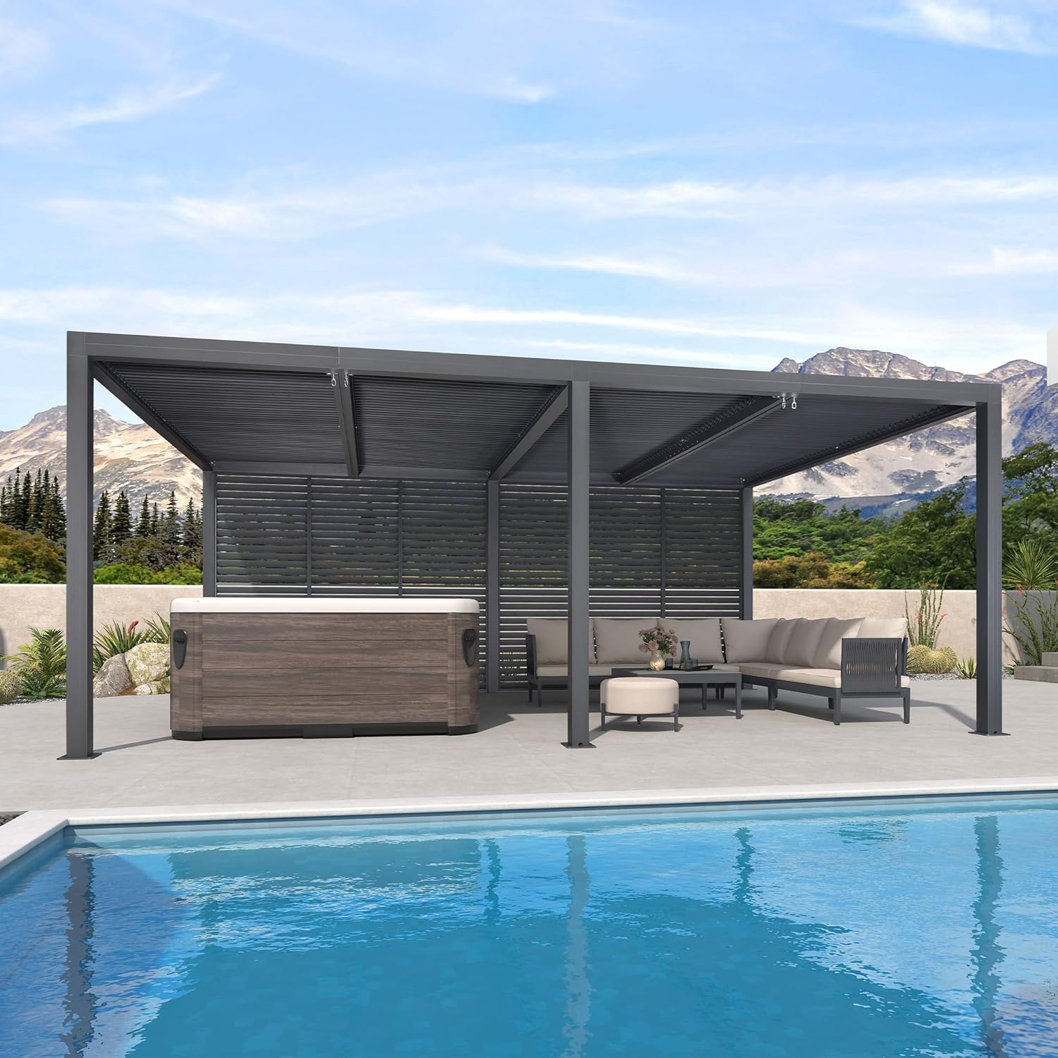 etevert - Pergola bioclimatique 6x3,68m alu, lames orientables, persienne fixe