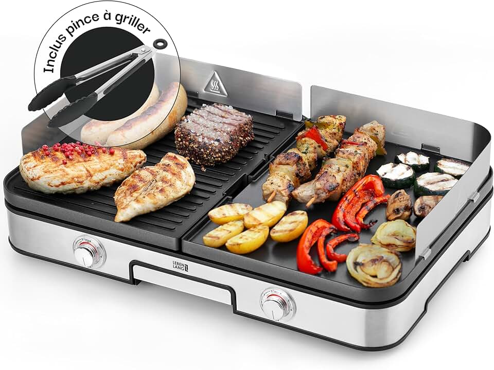 etevert - plancha électrique inox - XXL - 2400W, pince barbecue, intérieur/extérieur, protection éclaboussures - LEBEN