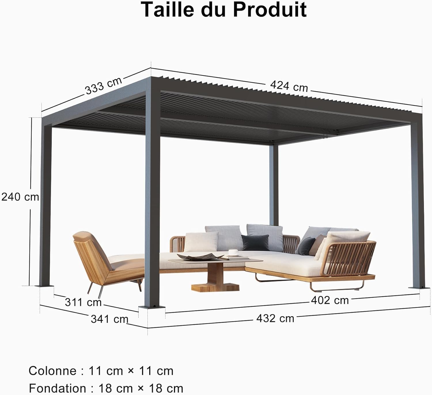 etevert - pergola bioclimatique - 4,24x3,3m - alu, persienne fixes, gris