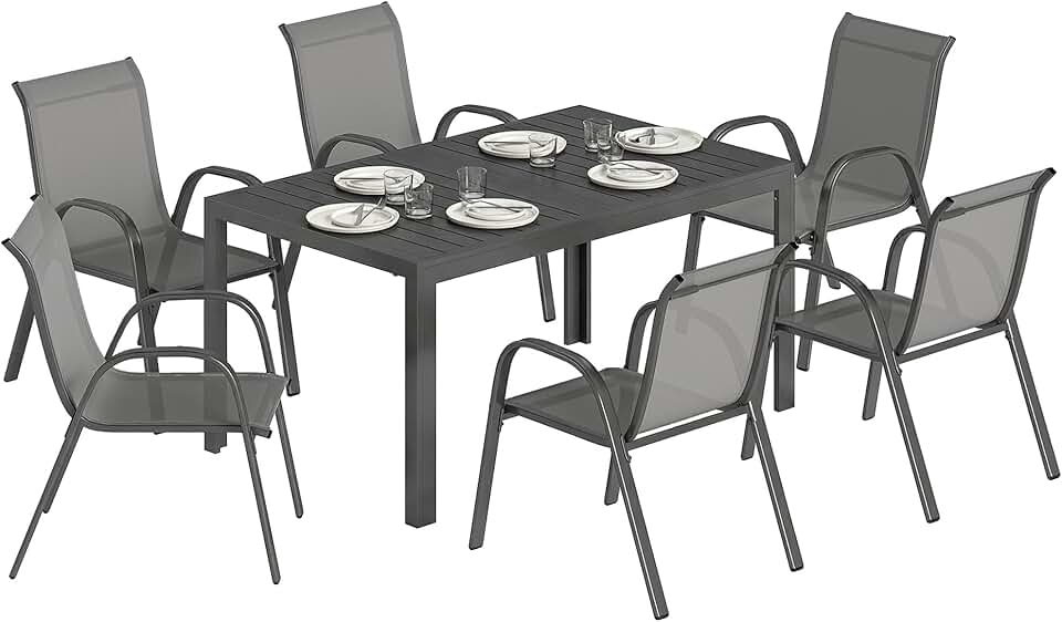 etevert - Salon de jardin extérieur 7 pcs - 150cm - table à lattes, acier antirouille, 6 chaises empilables, gris clair