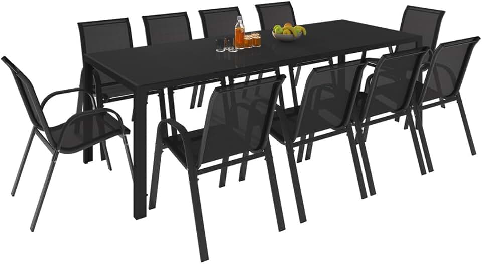 etevert - Salon de jardin Madrid 240 cm, 10 chaises empilables, noir