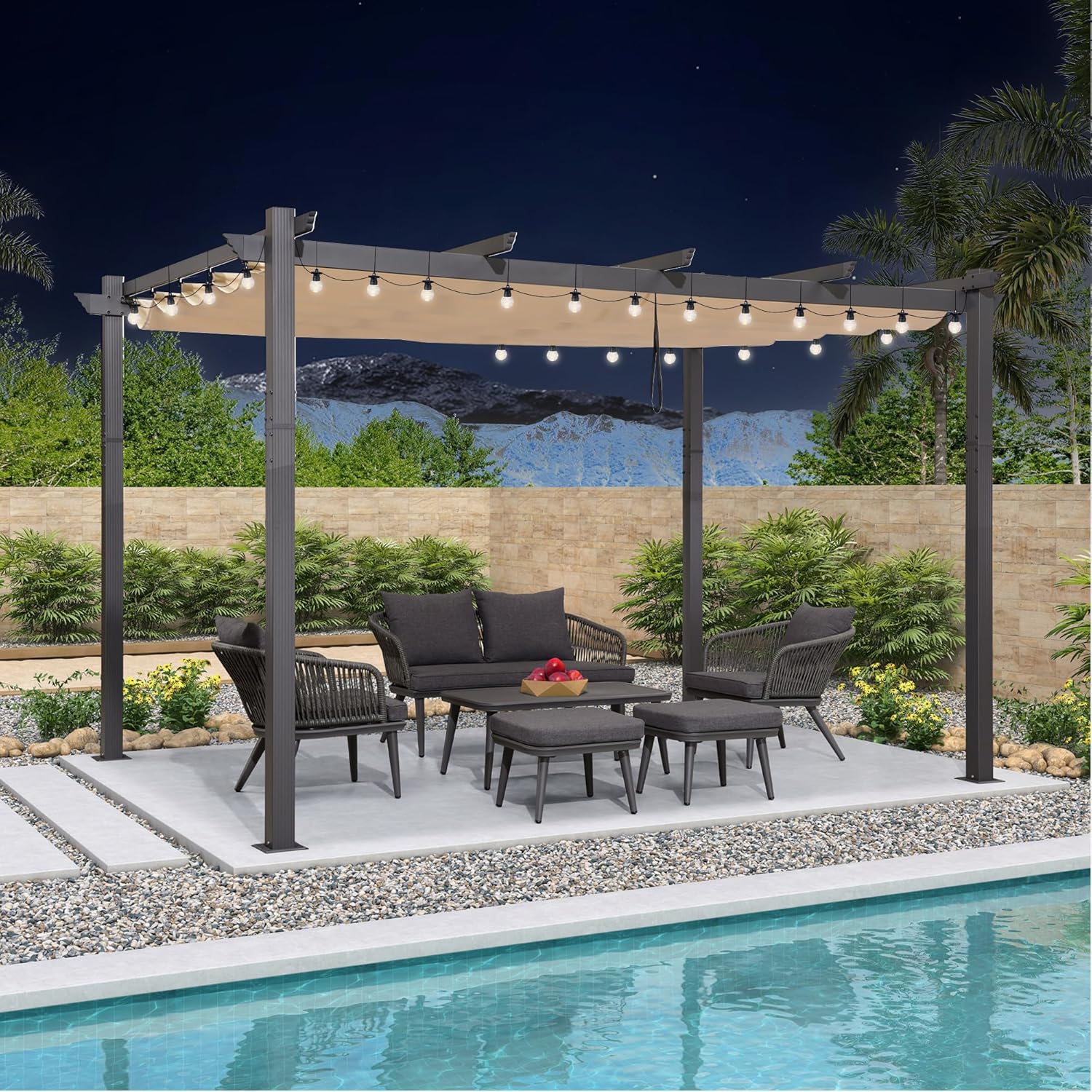 etevert - Pergola aluminium LED, toit rétractable, 4x3m, kaki