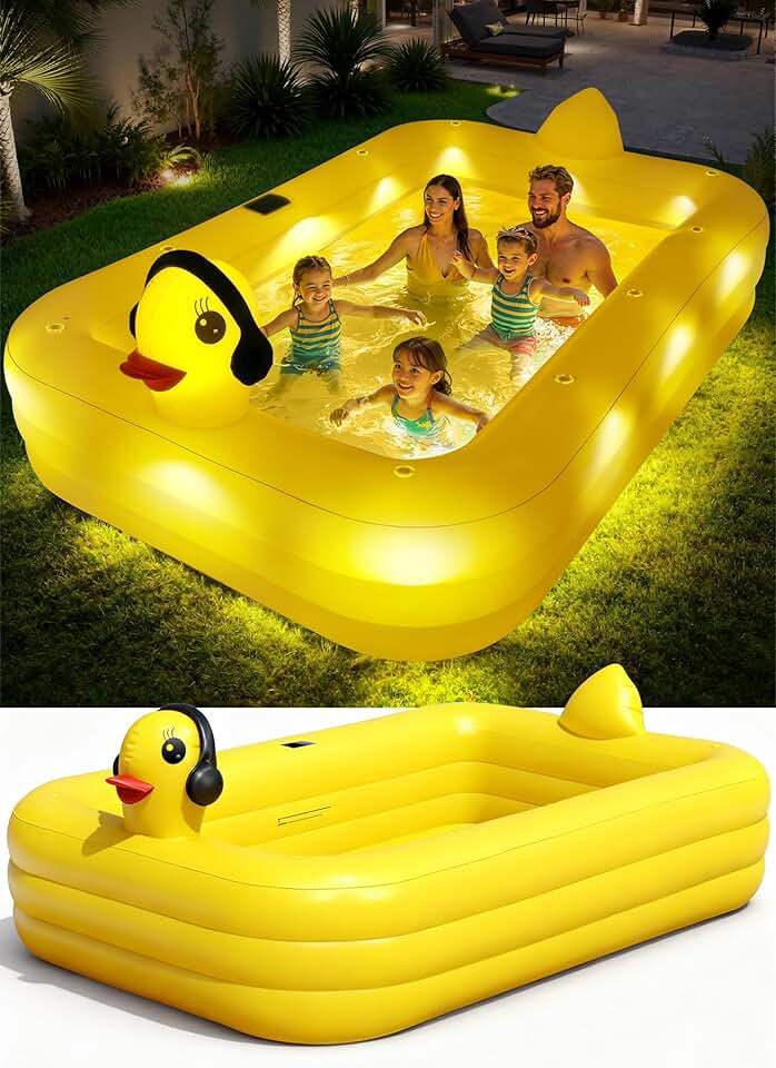 etevert Piscine Gonflable avec Lumières, Caneton Piscine Rectangulaire Gonflable Solaire, Pataugeoire Grande pour Enfants et Adultes,254 x 160 x 56 cm Piscine Familiale Hors Sol pour Jardin,Extérieur