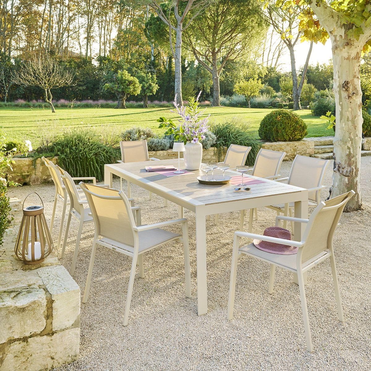 etevert - Table de jardin Évasion 8 places - aluminium, effet bois, lin et argile