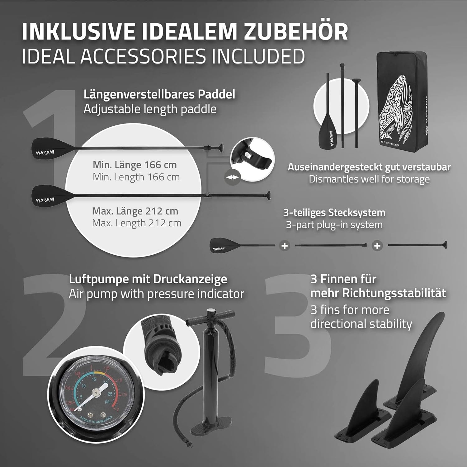 etevert - Stand Up Paddle Board - 305/308/320/380 cm - PVC, 120/150 kg, 10/15 cm d'épaisseur