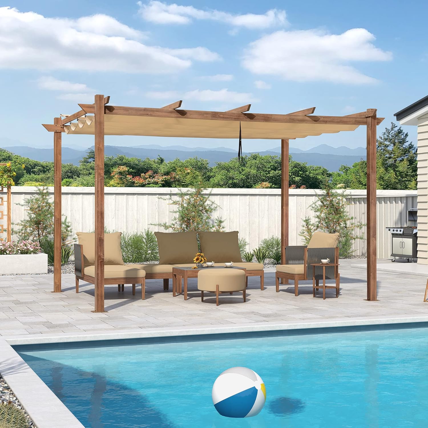 etevert - pergola aluminium 4x3m teck, toile rétractable, kaki