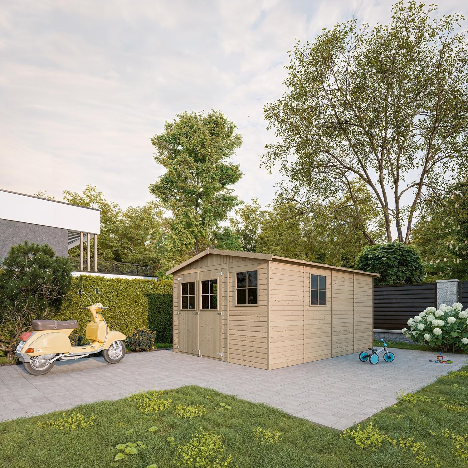ABRI de Jardin en Bois Exterieur avec Les PLANCHERS IMPRÉGNÉ - en Pin/épicéa- H226x324x416 cm/12 m²- Construction de Panneaux- Rangement pour vélos, Remise à Outils- etevert M336+M336G