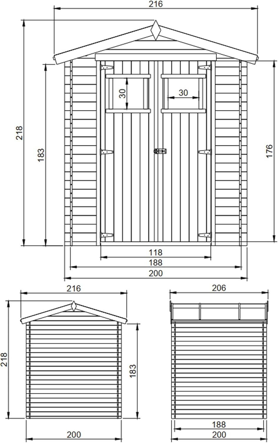 Abri de Jardin en Bois - Stockage extérieur I216xL206xH218 cm/ 3.53 m2 Petit abri à Outils, Local à vélos - etevert M343