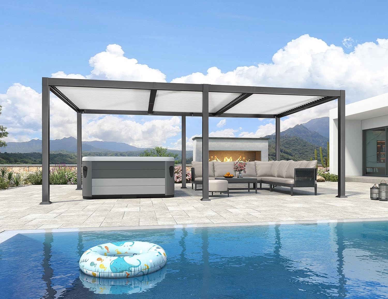 etevert - pergola bioclimatique - 6,35x3,5m - aluminium gris, poteaux blancs, lames orientables