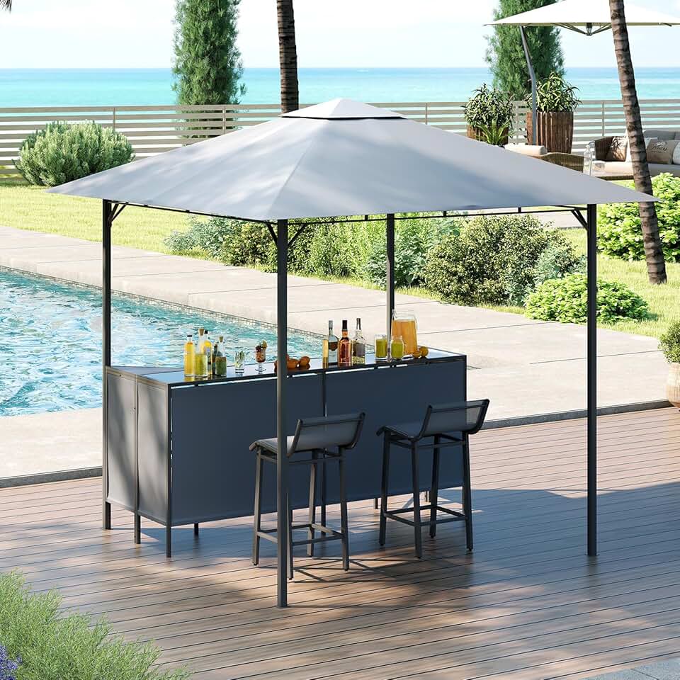 etevert 3 Pcs Abri Barbecue Jardin Exterieur avec Bar Exterieur, Tonnelle Barbecue avec 2 Tabourets Bar, Rangement, Plateau en Verre Trempée,Porte-Verres, en Métal avec Double Toit, 245 x 245 x 243CM