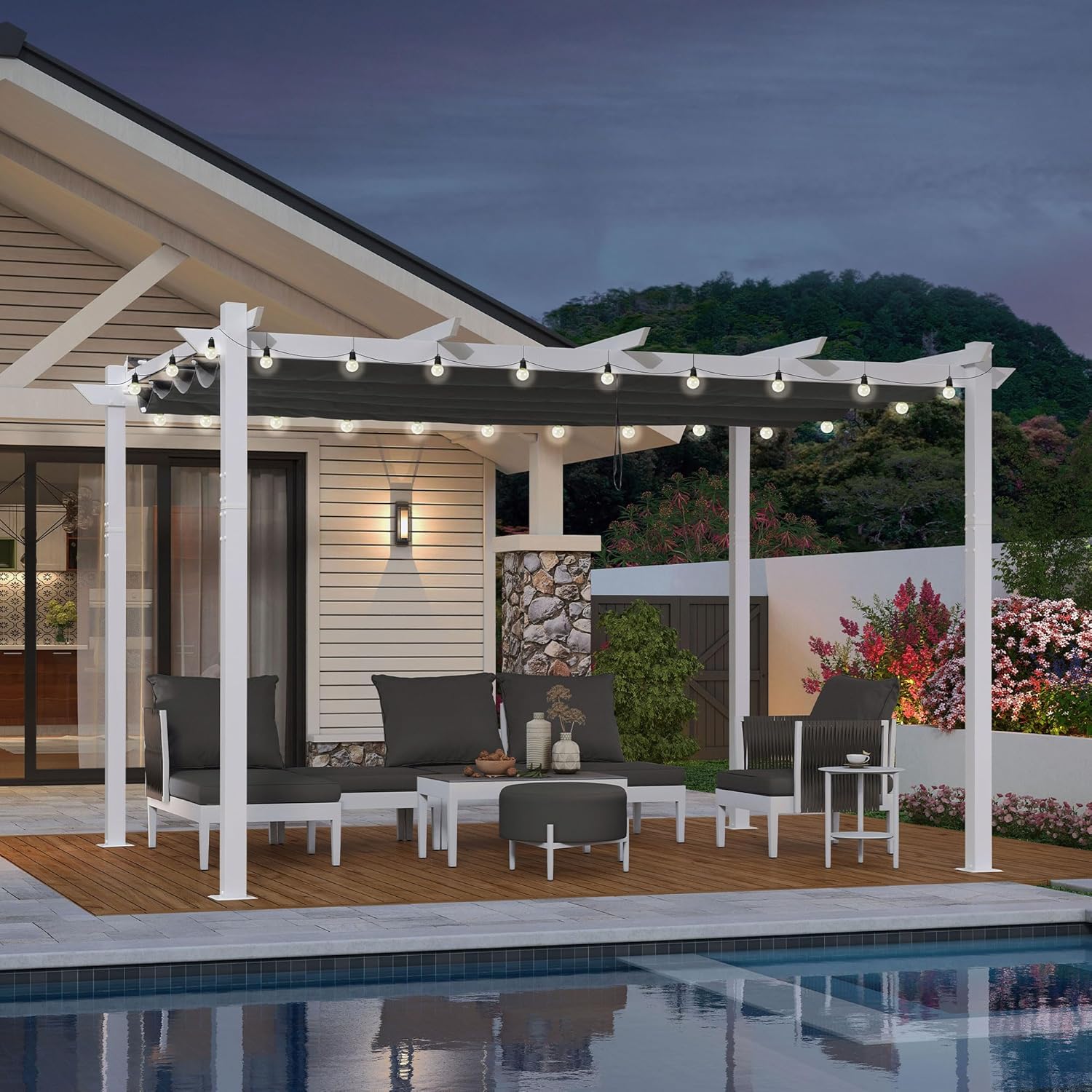 etevert - pergola aluminium - 4x3m - éclairage intégré, toit protégé, blanc/gris