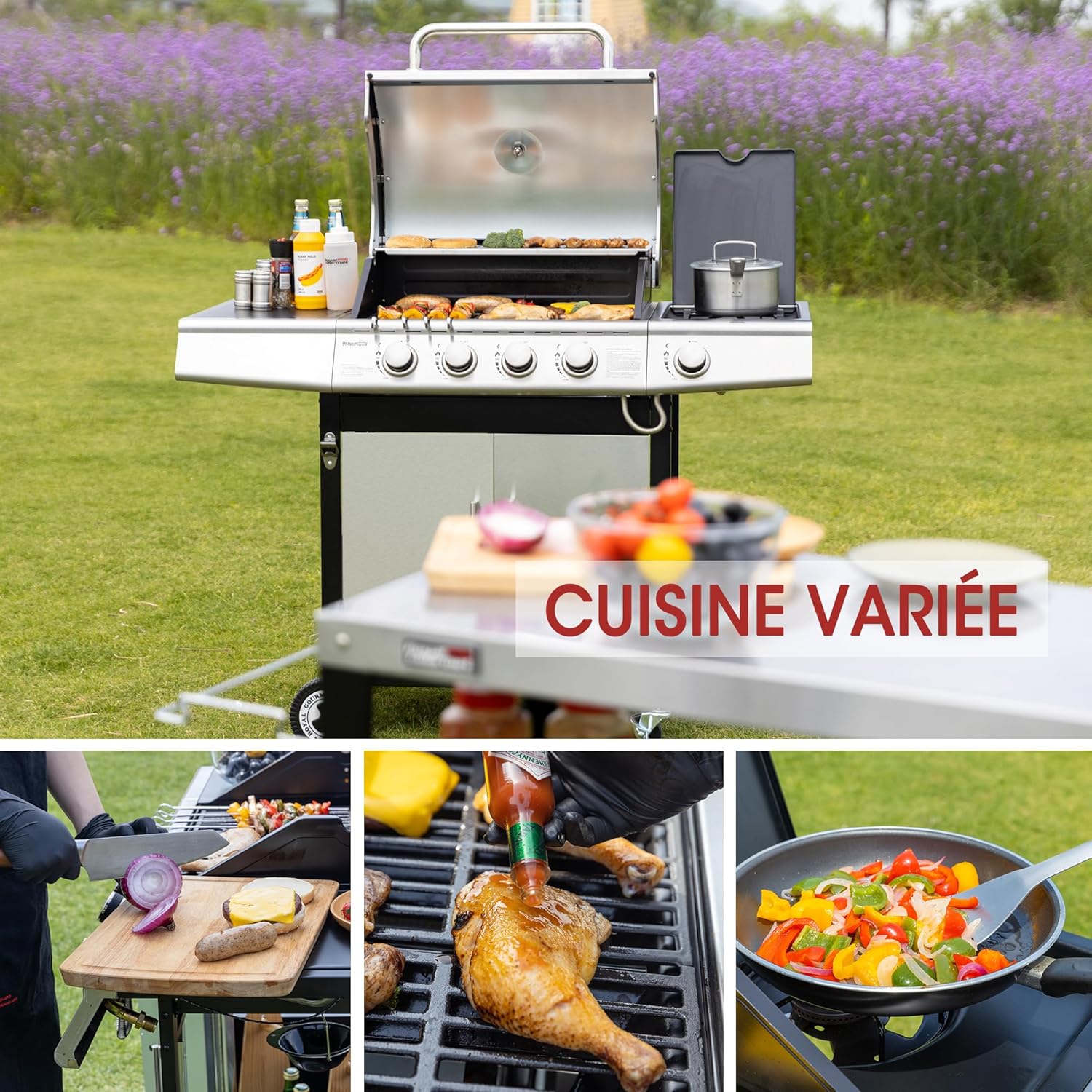etevert - Barbecue Gaz 4+1 brûleurs inox - 14,5kW - 2 portes, thermomètre, roues directionnelles
