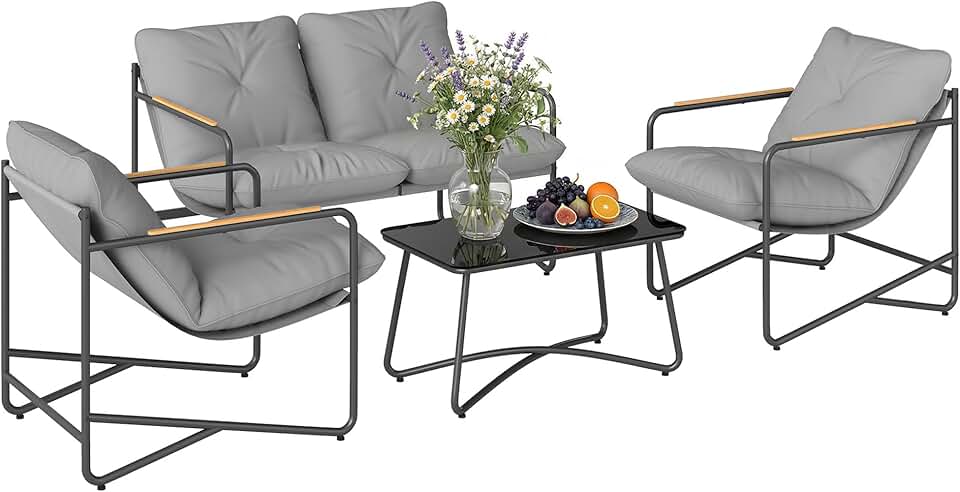etevert - Salon de jardin 4 pièces, canapé 2 places, coussins épais, pieds réglables, gris clair