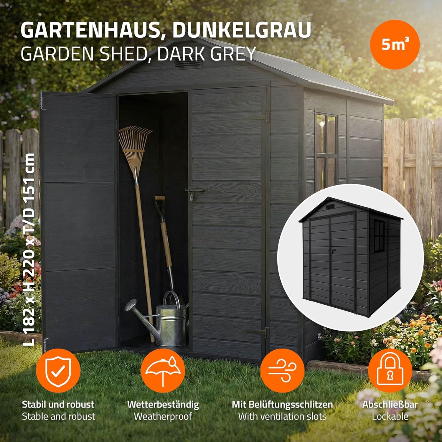 etevert - Abri de jardin résine 151x182x220 cm double porte, 5m³, fenêtre, ventilation