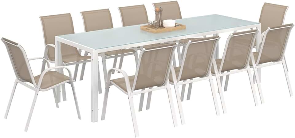 etevert - Madrid salon de jardin 240 cm table + 10 chaises blanc/beige