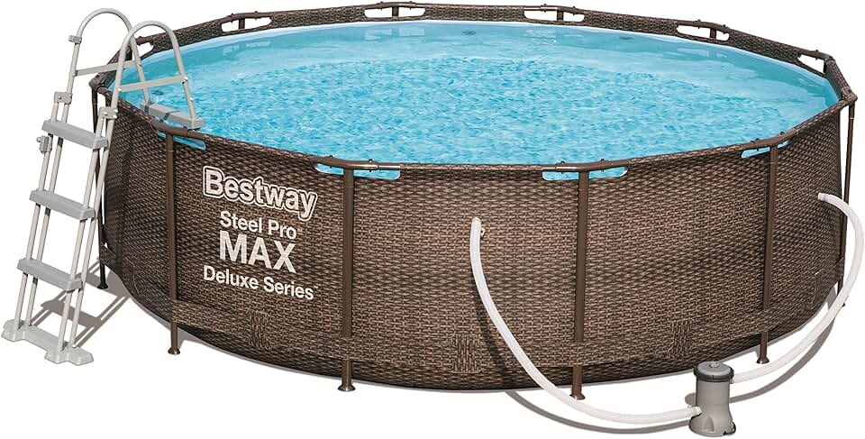 etevert Power Steel Deluxe Piscine Tubulaire Ronde avec Cadre en Acier Solide Kit Complet Aspect rotin 366 x 100 cm, Marron