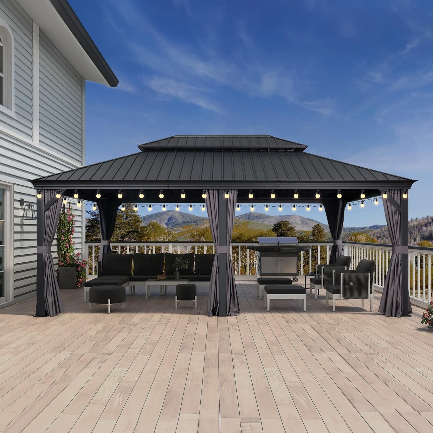 etevert - Pergola série extérieure - 7.32x4.25m - alu, éclairage, moustiquaire, rideaux, gouttière, poteaux renforcé