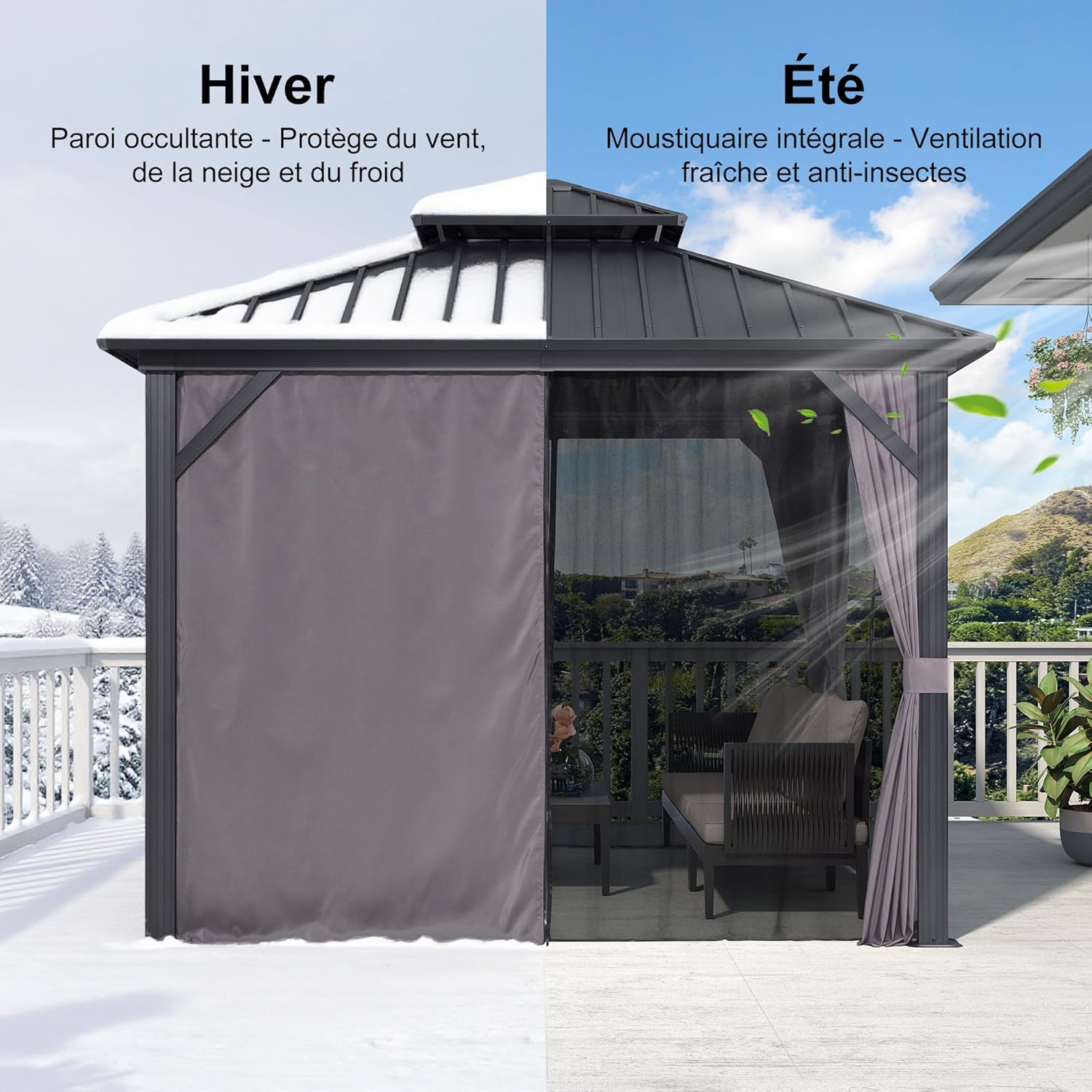 etevert - Tonnelle de jardin alu 3x3 m toit double, rideaux, gris