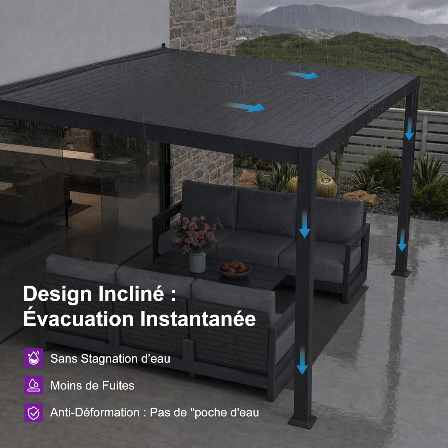 etevert - Pergola bioclimatique adossée - 3x4,25m - aluminium, lames orientables, résistante UV et pluie