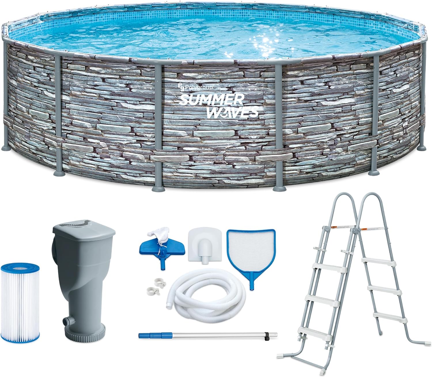 etevert - Frame Pool Kit rond - 427x107 cm - aspect pierre grise, pompe à filtre