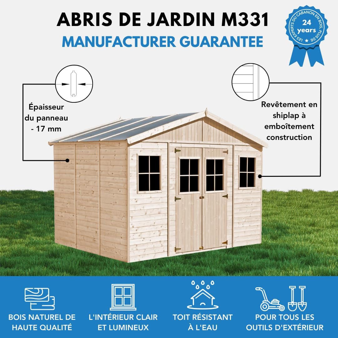 Abri de Jardin en Bois Exterieur avec Plancher IMPRÉGNÉ- Chalet en Pin/épicéa-H246x418x320 cm/12 m²- Construction de Panneaux - Rangement pour vélos, Remise à Outils- etevert M331+M331G