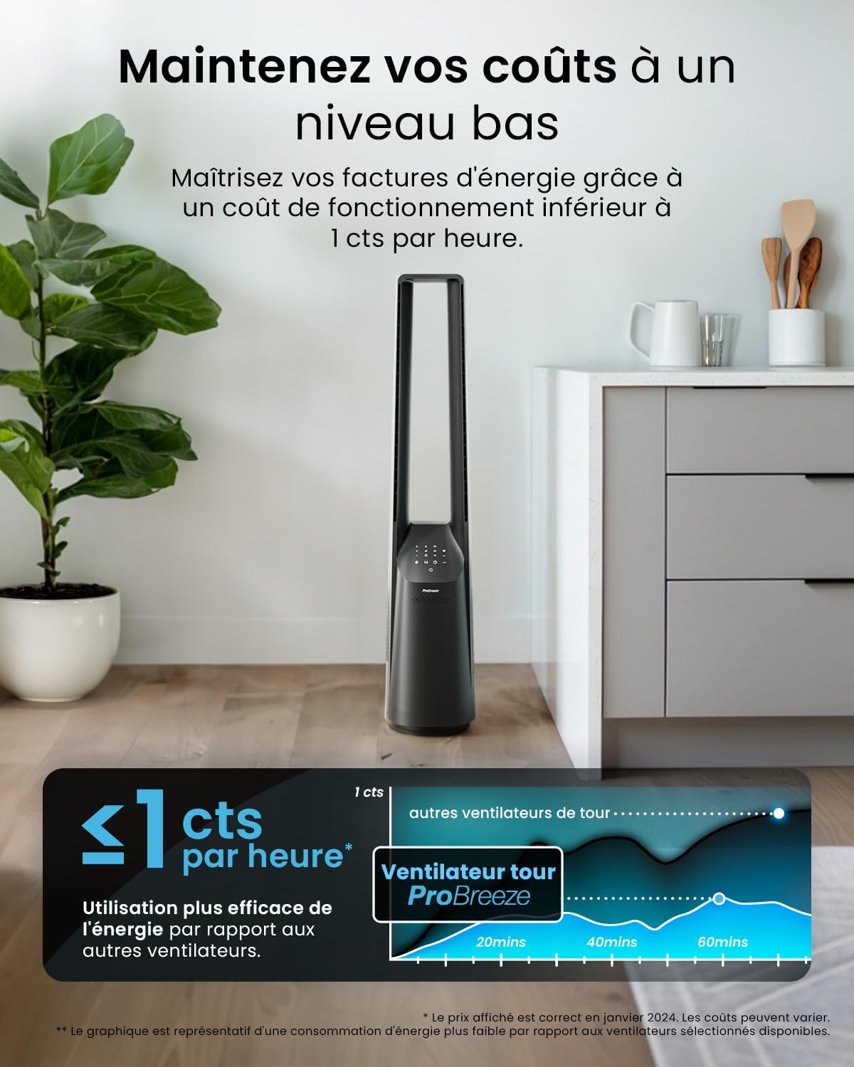 etevert Ventilateur Colonne Sans Pale - Ventilateur Tour Silencieux, Hauteur 101 cm avec 6 Vitesses, Oscillation 60°, Ventilateur Sans Lame Rafraichisseur d'Air Bladeless Noir