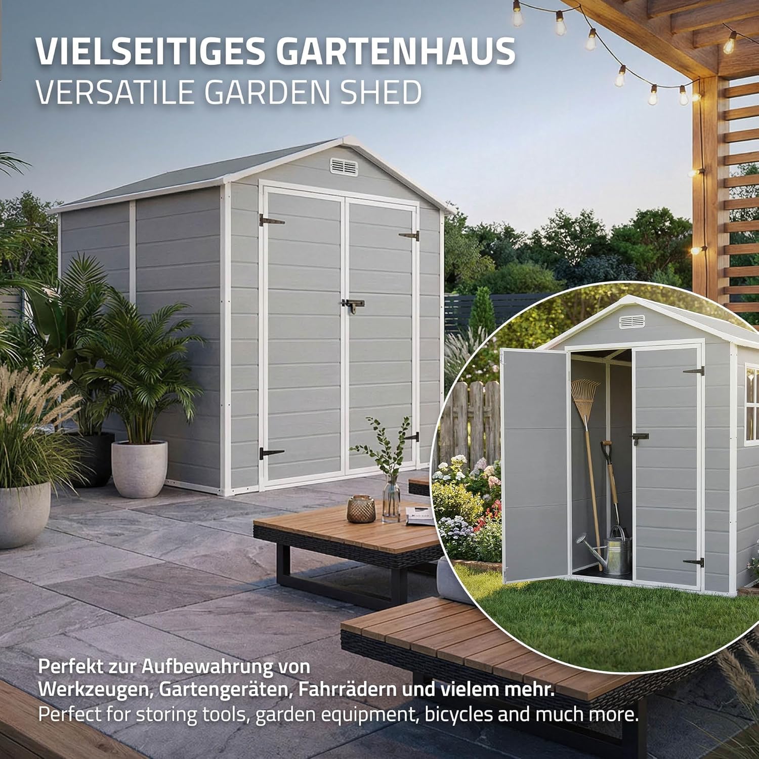 etevert - abri de jardin résine, 151x182x220 cm, double porte, fenêtre, 5m³