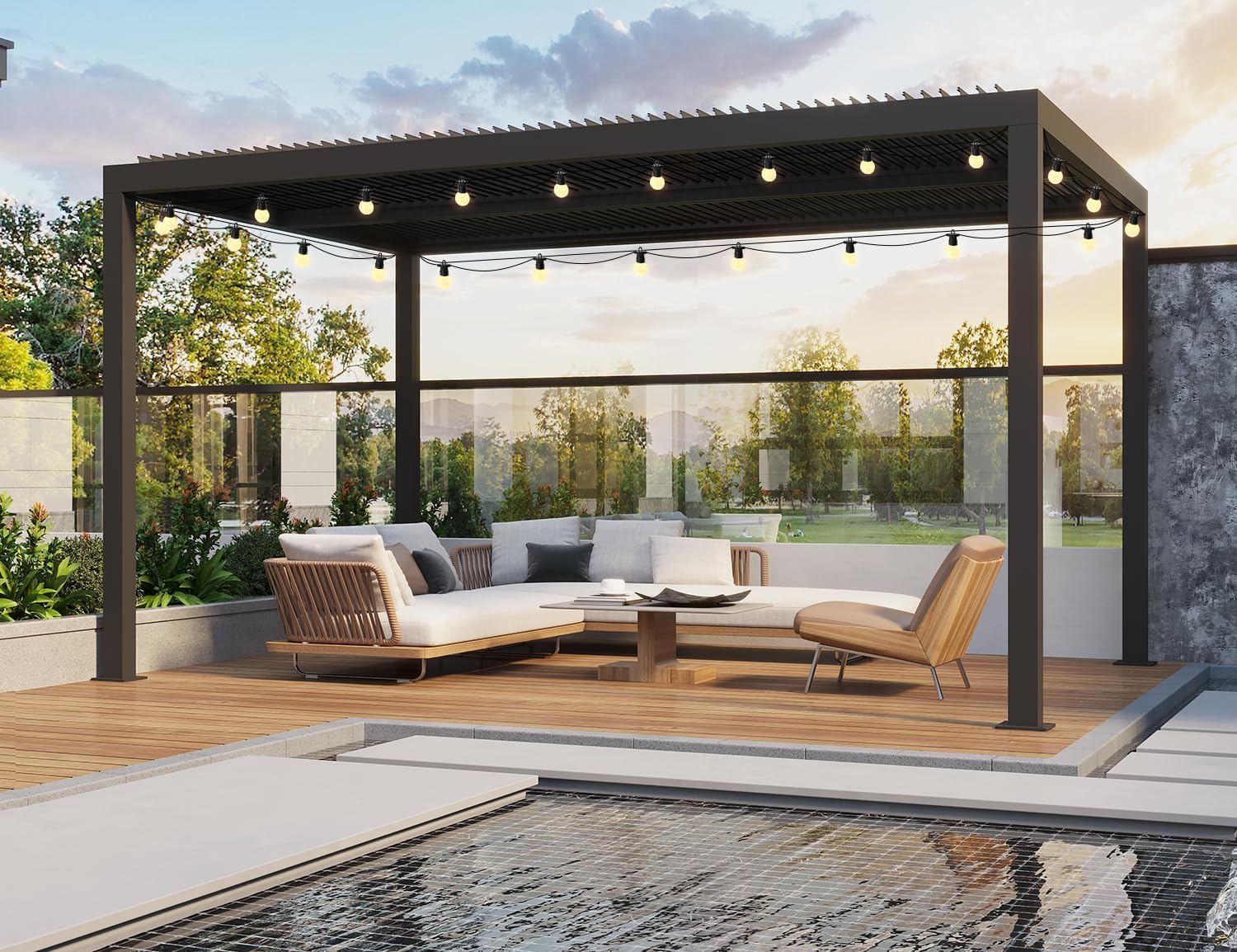 etevert - Pergola bioclimatique série aluminium - 4,6x3,3 m - lames orientables, éclairage intégré
