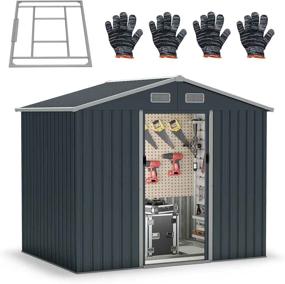 etevert Abri de Jardin en Métal avec Toit à Pignon, 235 x 171 x 196 cm, 7,95 m³, Cabane de Jardin avec 2 Portes Coulissantes, 2 Fenêtres et Fondation, abri à Outils Extérieur, Haute Résistance