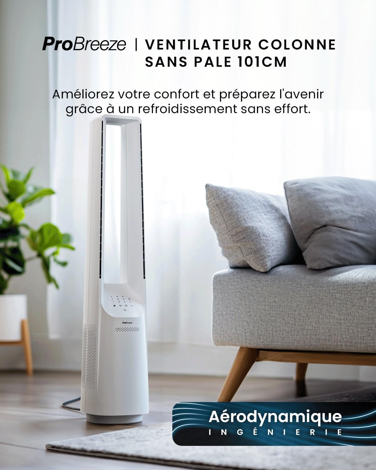 etevert - Ventilateur Tour WiFi Intelligent 101cm - Silencieux, LED, télécommande, 6 vitesses, oscillation