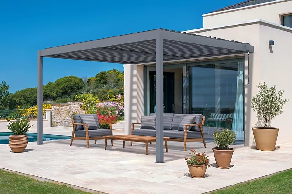 etevert - Piana - pergola adossée 4x3m alu gris, 3 persiennes brise-vue