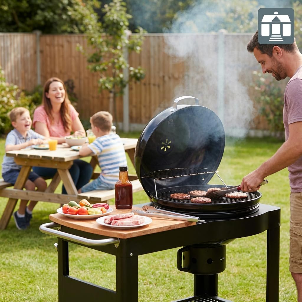 etevert - Barbecue Calgary - acier/bois - couvercle thermomètre, tablettes, 2 roues, noir