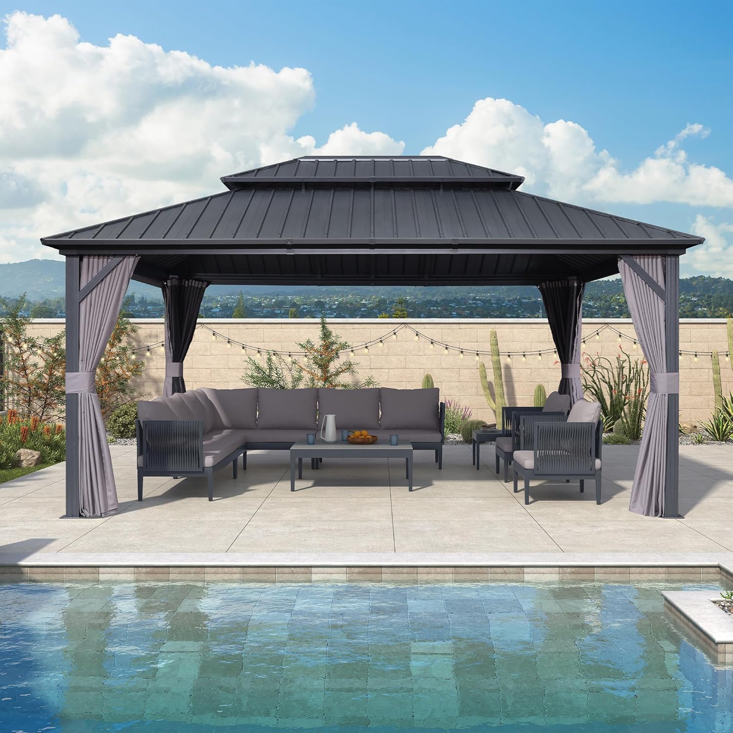 etevert - pergola série double toit - 4,85x3,65 m - alu acier, rideaux, moustiquaire