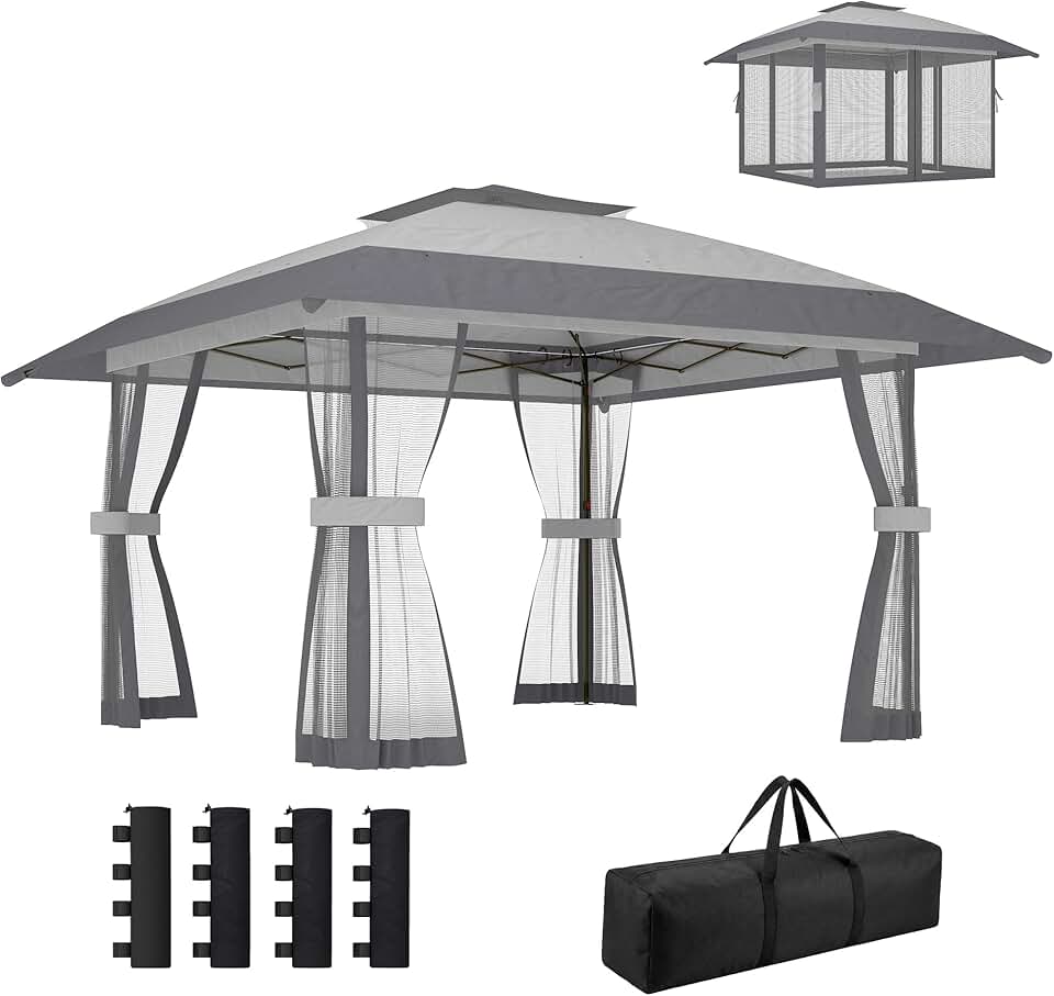 etevert Tonnelle de Jardin 4 x 4 m Pop up Tente Pliante réglable en Hauteur Protection UV30+ tonnelle Pliante avec Double Toit 4 parois en Maille 4 Sacs de Sable Sac de Transport Montage Facile Gris