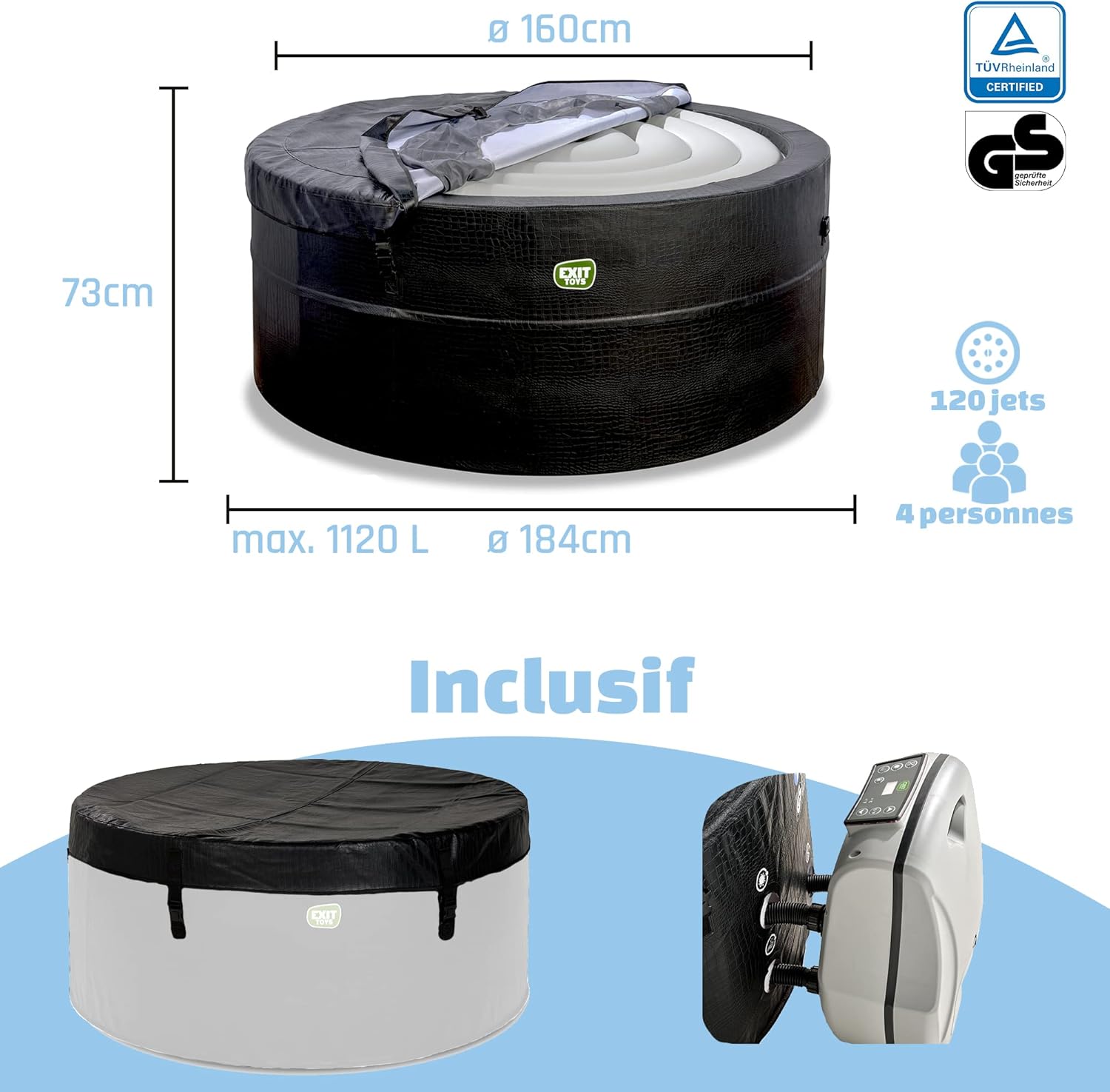 etevert - Leather Premium Spa extérieur 184x73cm - 4 places, chauffage, 120 jets air