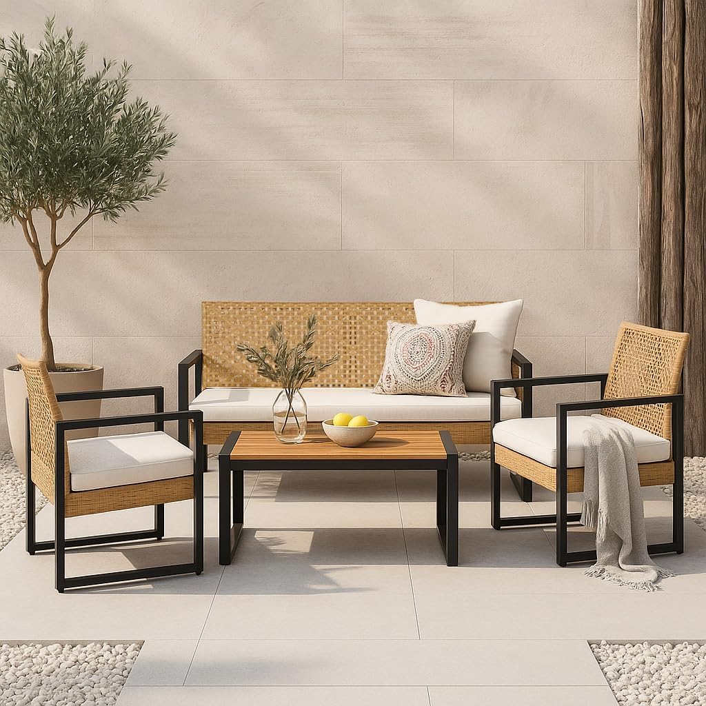 etevert - Salon de jardin 4 pièces, acier/acacia, 2 chaises + banc, beige/naturel