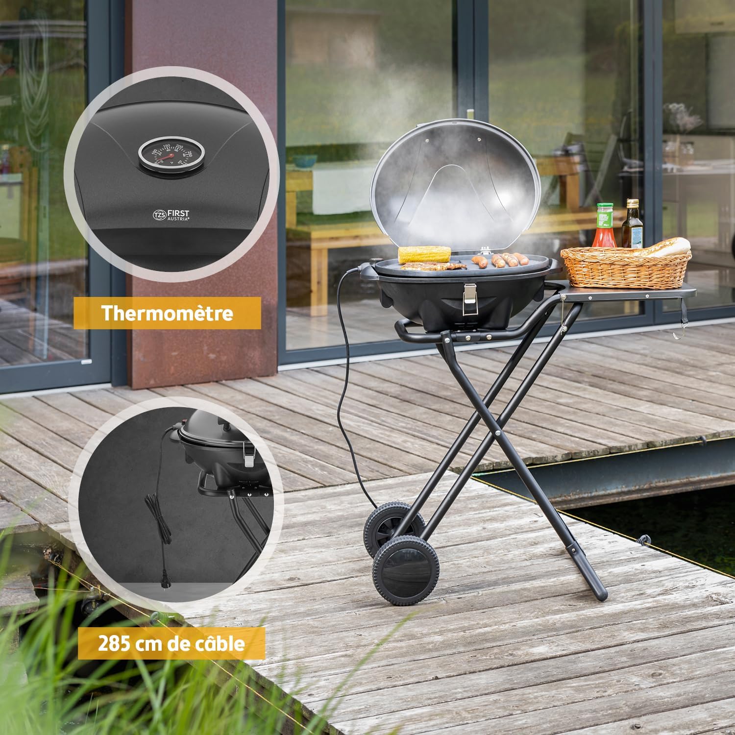 etevert - Barbecue 2-en-1 pliable 2400W, couvercle, chariot, thermomètre - TZSFA5350-6